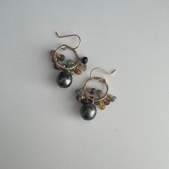 Handmade Tahitian Pearl and Tourmaline Cluster Earrings - Picture 2 of 5